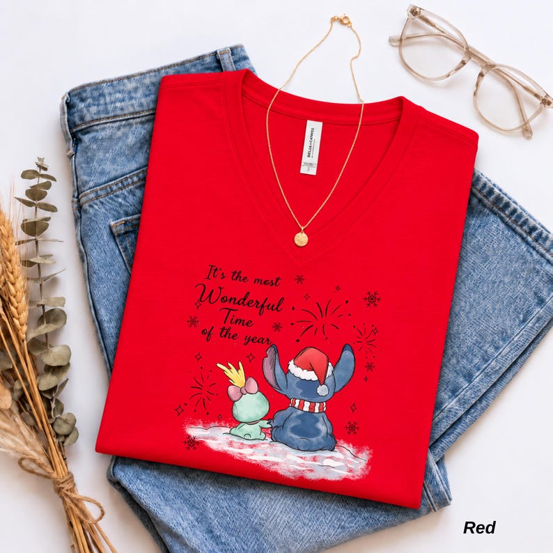 Disney Stitch and Angel Christmas V Neck Shirt, Bella Canvas Holiday Tee, Most Wonderful Time of the Year, Cute Disney Couple Gift for Her