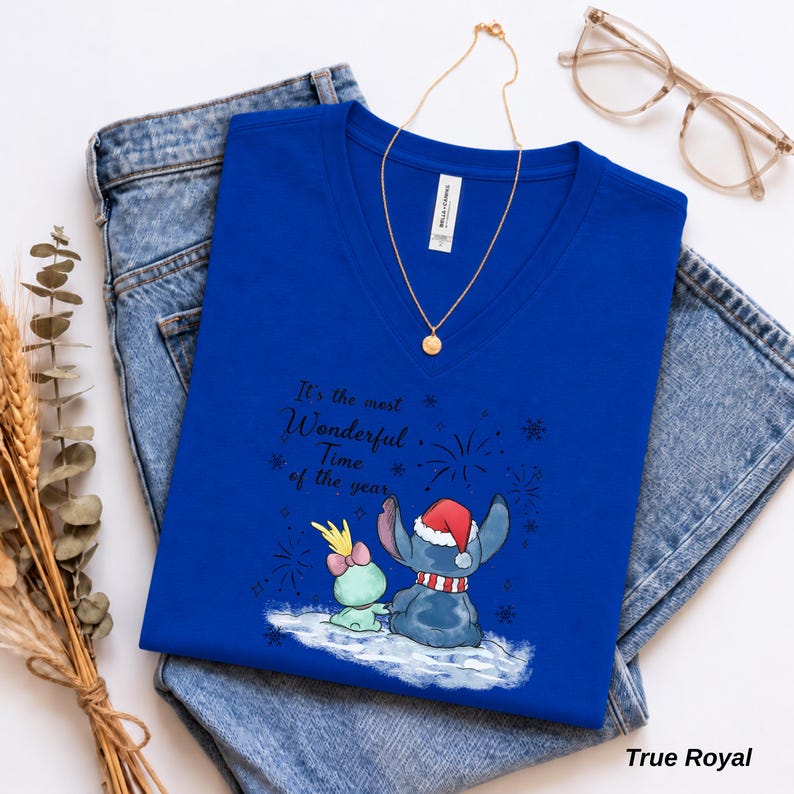 Disney Stitch and Angel Christmas V Neck Shirt, Bella Canvas Holiday Tee, Most Wonderful Time of the Year, Cute Disney Couple Gift for Her
