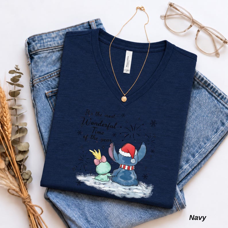 Disney Stitch and Angel Christmas V Neck Shirt, Bella Canvas Holiday Tee, Most Wonderful Time of the Year, Cute Disney Couple Gift for Her
