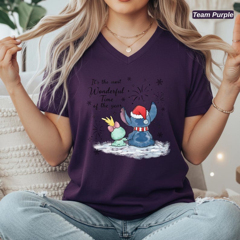 Disney Stitch and Angel Christmas V Neck Shirt, Bella Canvas Holiday Tee, Most Wonderful Time of the Year, Cute Disney Couple Gift for Her