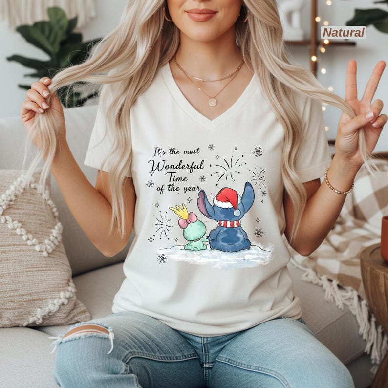 Disney Stitch and Angel Christmas V Neck Shirt, Bella Canvas Holiday Tee, Most Wonderful Time of the Year, Cute Disney Couple Gift for Her