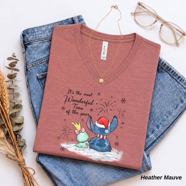 Disney Stitch and Angel Christmas V Neck Shirt, Bella Canvas Holiday Tee, Most Wonderful Time of the Year, Cute Disney Couple Gift for Her