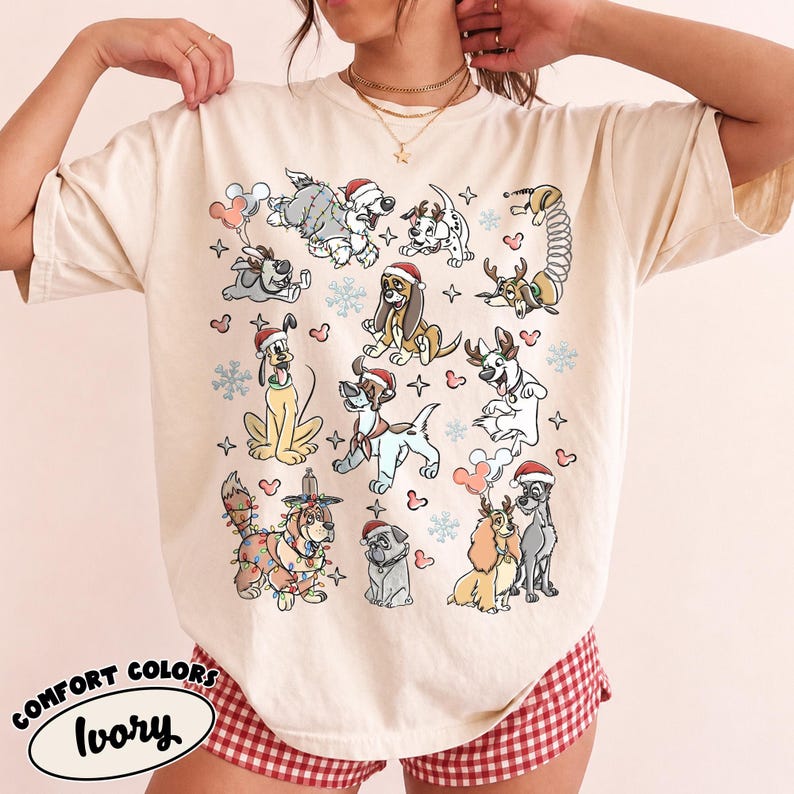 Disney Dogs Christmas Shirt, Comfort Colors Holiday Tee, Pluto, Lady and the Tramp, Dalmatian Puppy Shirt, Christmas Gift for Dog Lovers
