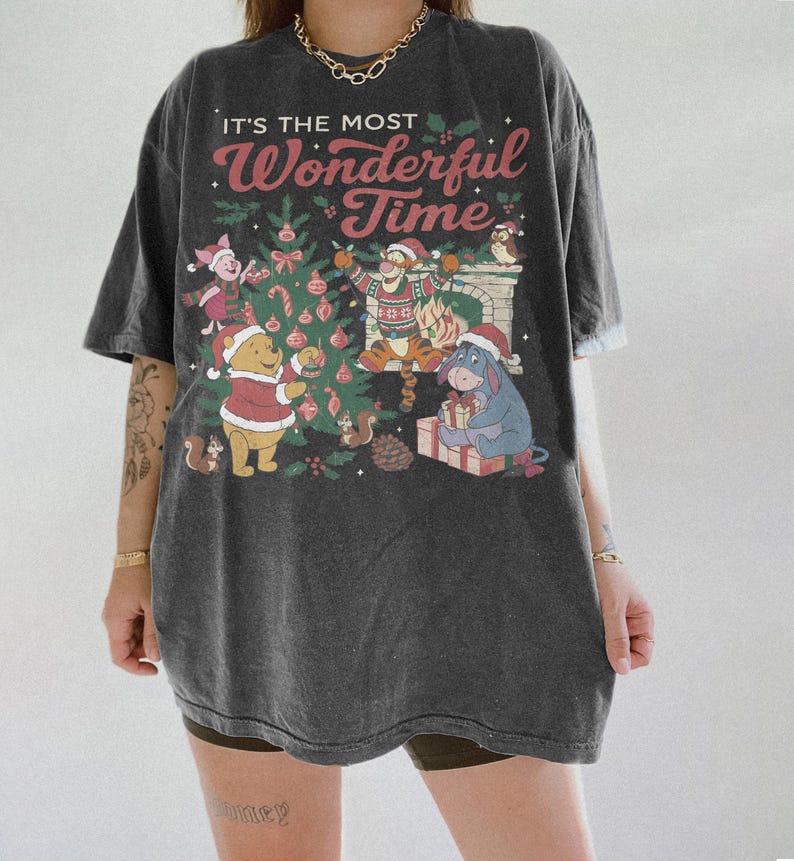 Retro The Most Wonderful Time Pooh Friends Shirt, Winnie the Pooh Christmas Tee, Tigger Eeyore Piglet Santa Hat Holiday Top, Disney Xmas Tee