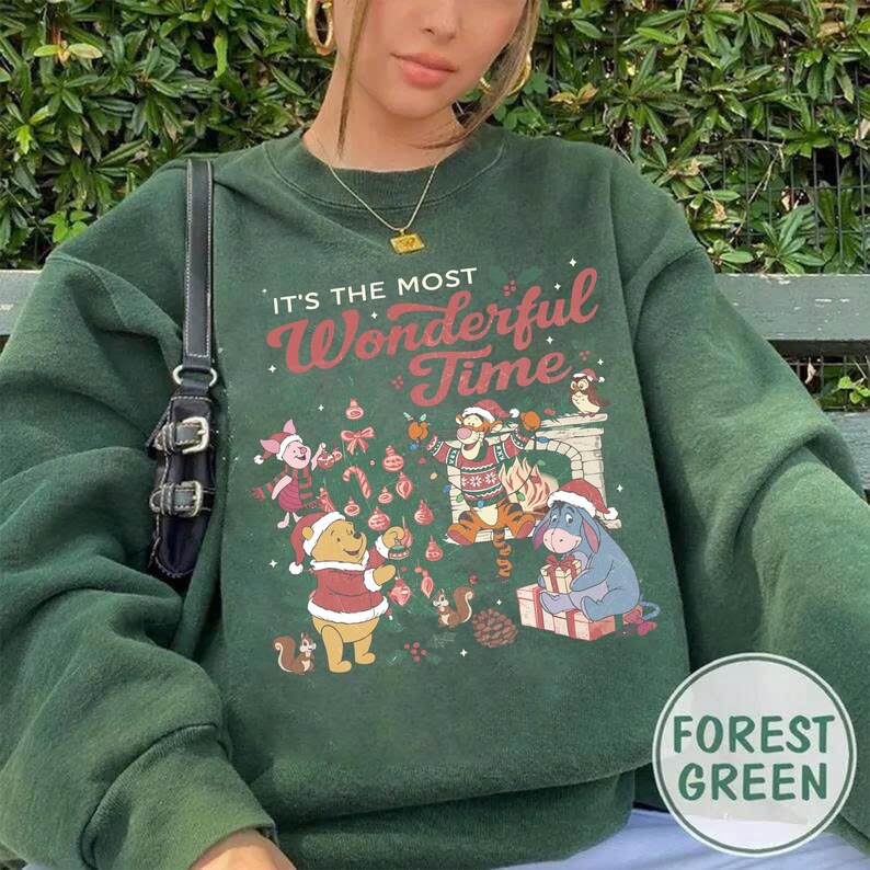 Retro The Most Wonderful Time Pooh Friends Shirt, Winnie the Pooh Christmas Tee, Tigger Eeyore Piglet Santa Hat Holiday Top, Disney Xmas Tee