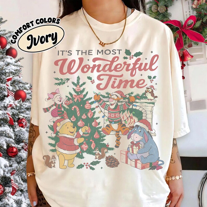 Retro The Most Wonderful Time Pooh Friends Shirt, Winnie the Pooh Christmas Tee, Tigger Eeyore Piglet Santa Hat Holiday Top, Disney Xmas Tee