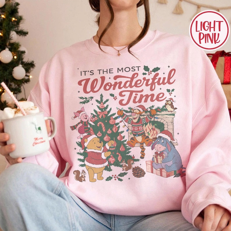 Retro The Most Wonderful Time Pooh Friends Shirt, Winnie the Pooh Christmas Tee, Tigger Eeyore Piglet Santa Hat Holiday Top, Disney Xmas Tee