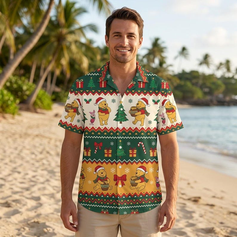 Winnie The Pooh Christmas Hawaiian Shirt, Santa Pooh Piglet Holiday Aloha Shirt, Cute Xmas Beach Button Down, Disney Christmas Vacation Wear