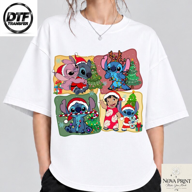 Disney Stitch Christmas DTF Transfer, Lilo Angel Xmas Heat Transfer, Ready to Press Holiday Shirt Print