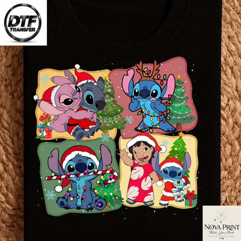 Disney Stitch Christmas DTF Transfer, Lilo Angel Xmas Heat Transfer, Ready to Press Holiday Shirt Print