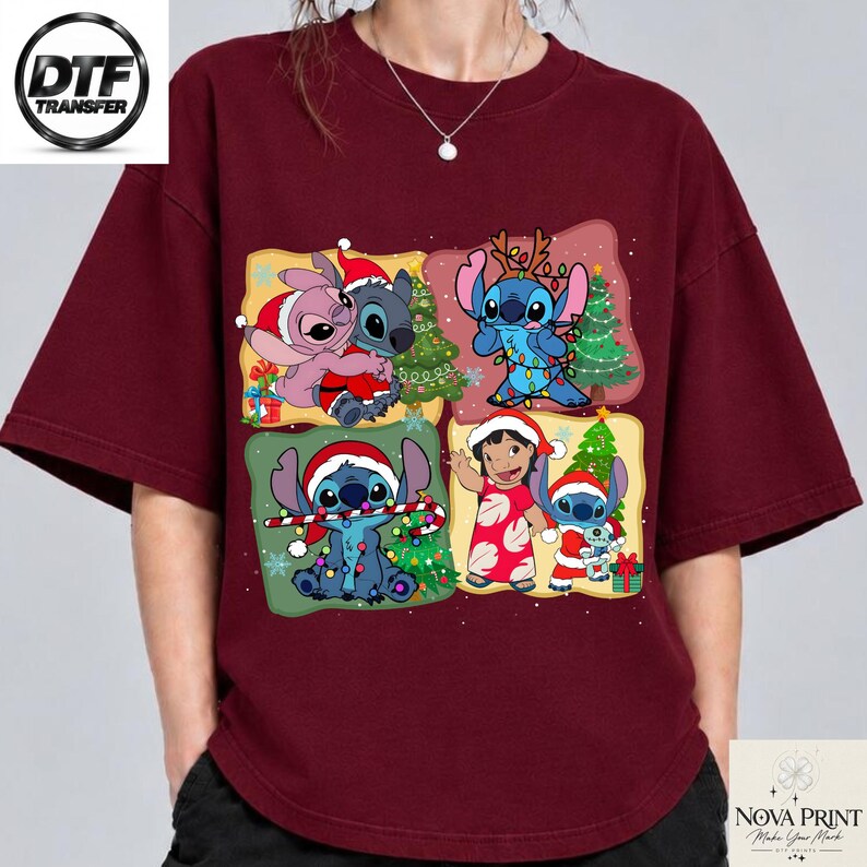 Disney Stitch Christmas DTF Transfer, Lilo Angel Xmas Heat Transfer, Ready to Press Holiday Shirt Print