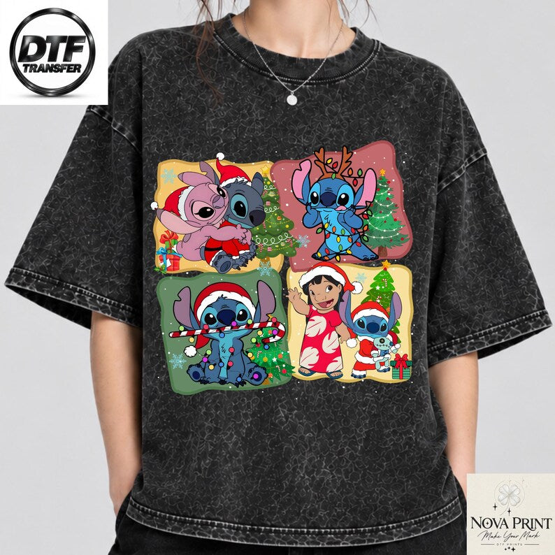 Disney Stitch Christmas DTF Transfer, Lilo Angel Xmas Heat Transfer, Ready to Press Holiday Shirt Print