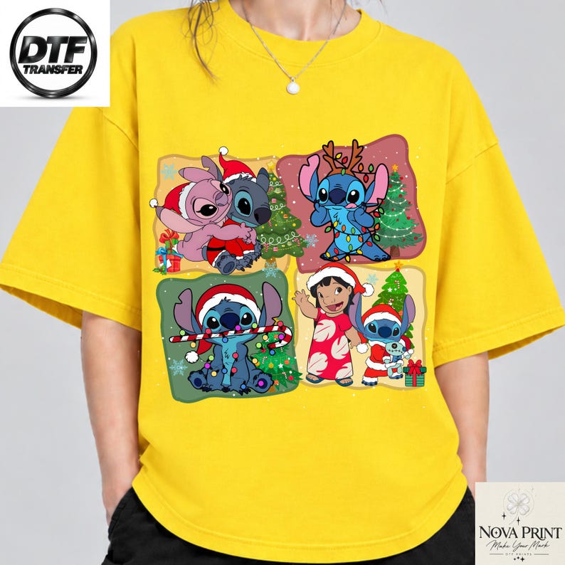 Disney Stitch Christmas DTF Transfer, Lilo Angel Xmas Heat Transfer, Ready to Press Holiday Shirt Print