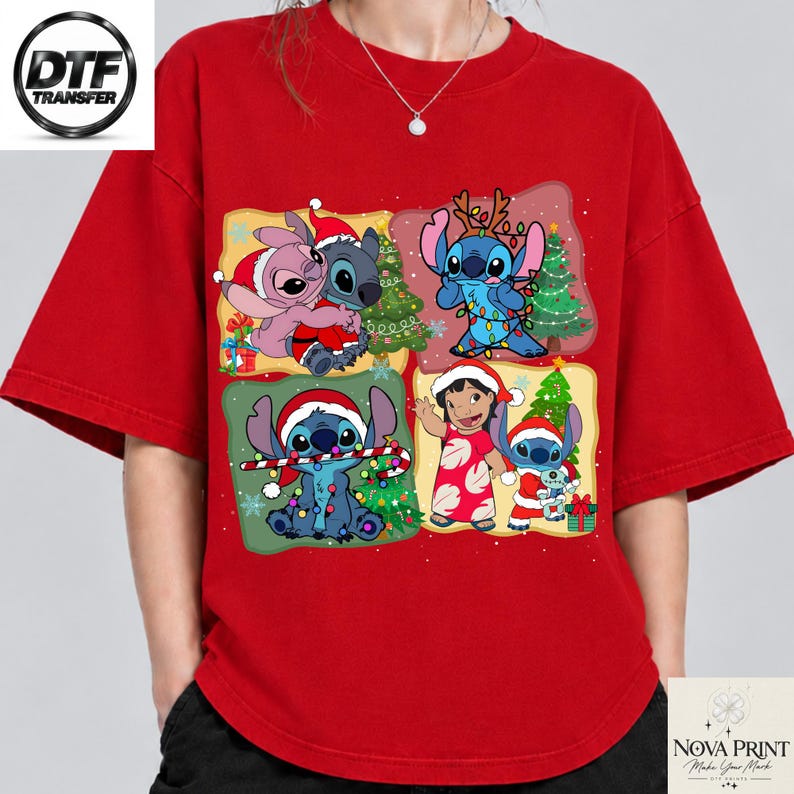 Disney Stitch Christmas DTF Transfer, Lilo Angel Xmas Heat Transfer, Ready to Press Holiday Shirt Print