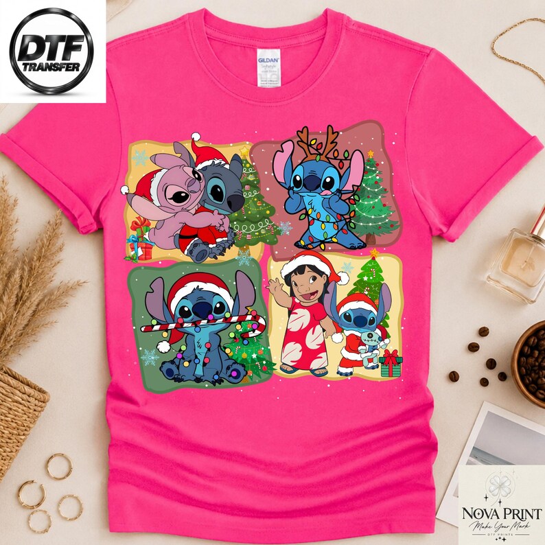 Disney Stitch Christmas DTF Transfer, Lilo Angel Xmas Heat Transfer, Ready to Press Holiday Shirt Print