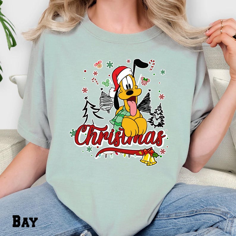 Pluto Christmas Comfort Colors T-Shirt, Holiday Dog Graphic Tee, Festive Cartoon Character Shirt