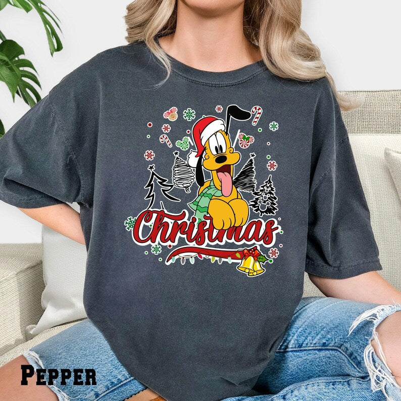 Pluto Christmas Comfort Colors T-Shirt, Holiday Dog Graphic Tee, Festive Cartoon Character Shirt