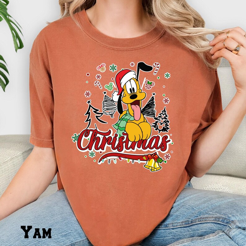 Pluto Christmas Comfort Colors T-Shirt, Holiday Dog Graphic Tee, Festive Cartoon Character Shirt