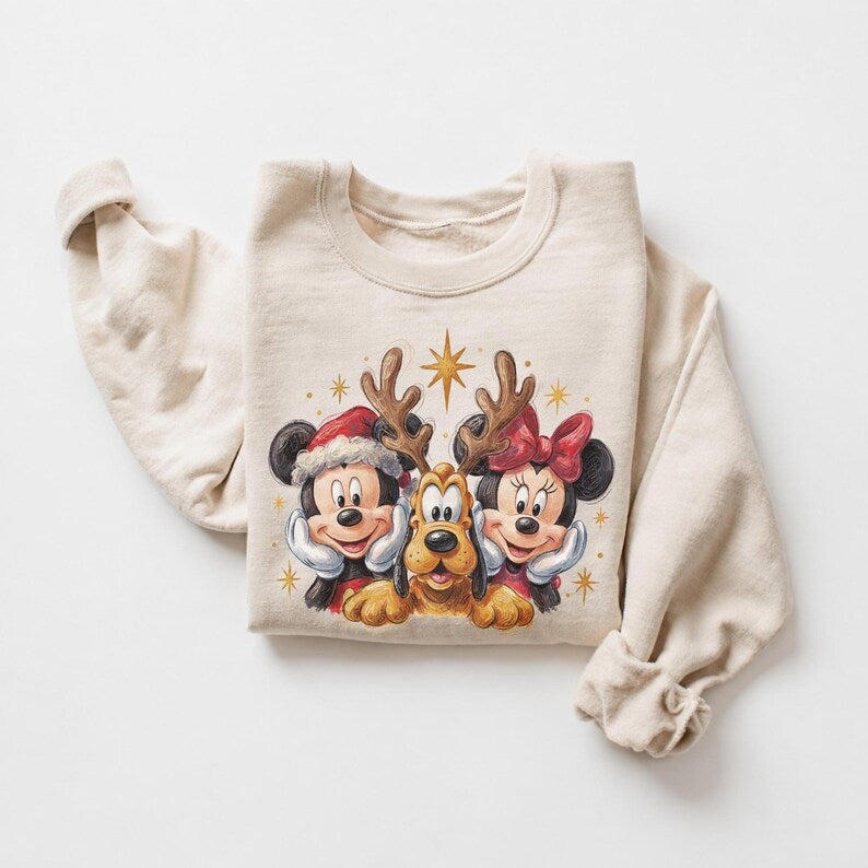 Mickey Minnie Pluto Christmas Sweatshirt, Vintage Disney Holiday Hoodie, Retro Reindeer Christmas Shirt, Disney World Christmas Trip Tee