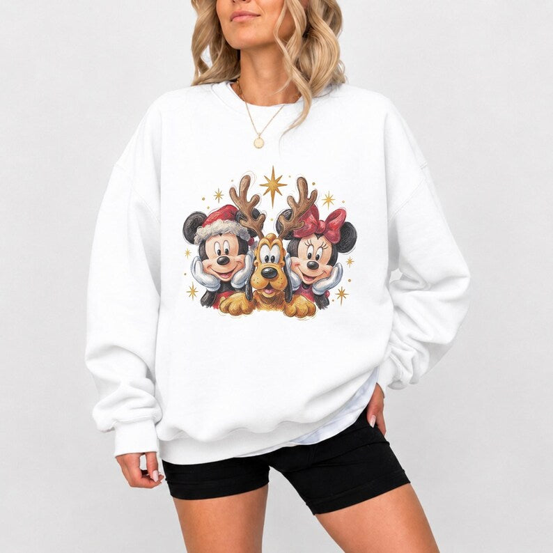 Mickey Minnie Pluto Christmas Sweatshirt, Vintage Disney Holiday Hoodie, Retro Reindeer Christmas Shirt, Disney World Christmas Trip Tee