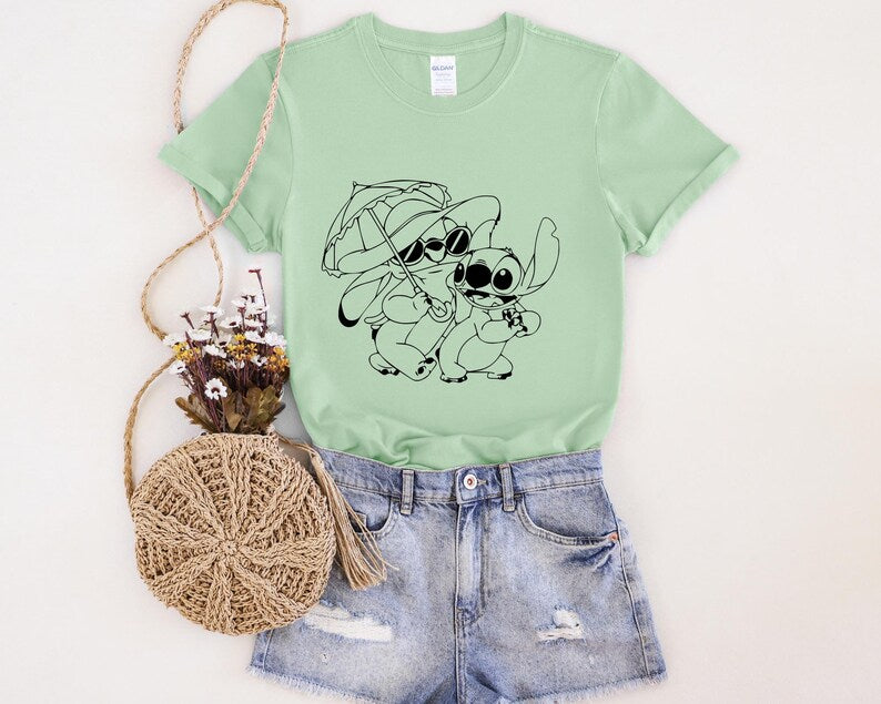 Stitch And Angel Shirt, Umbrella Pair Outline Graphic Tee