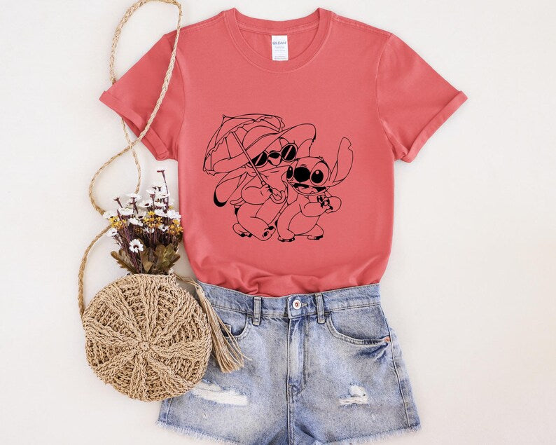 Stitch And Angel Shirt, Umbrella Pair Outline Graphic Tee