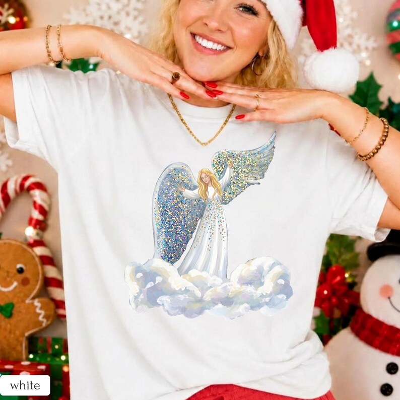 Faux Glitter Angel on Clouds Shirt, Celestial Comfort Colors Tee, Christmas Angel Gift, Spiritual Winter T-Shirt