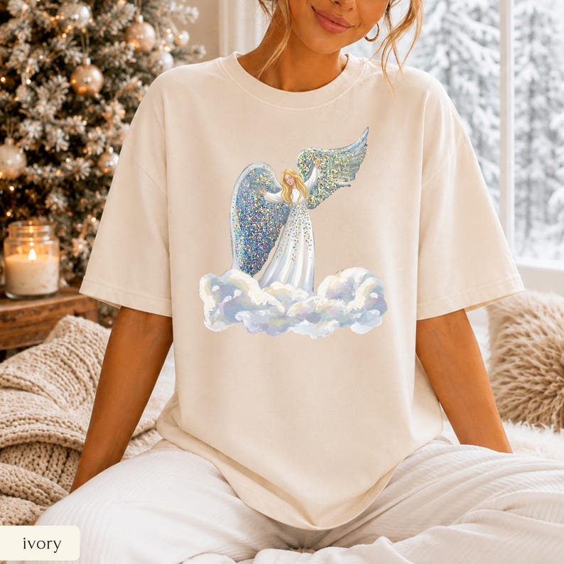 Faux Glitter Angel on Clouds Shirt, Celestial Comfort Colors Tee, Christmas Angel Gift, Spiritual Winter T-Shirt