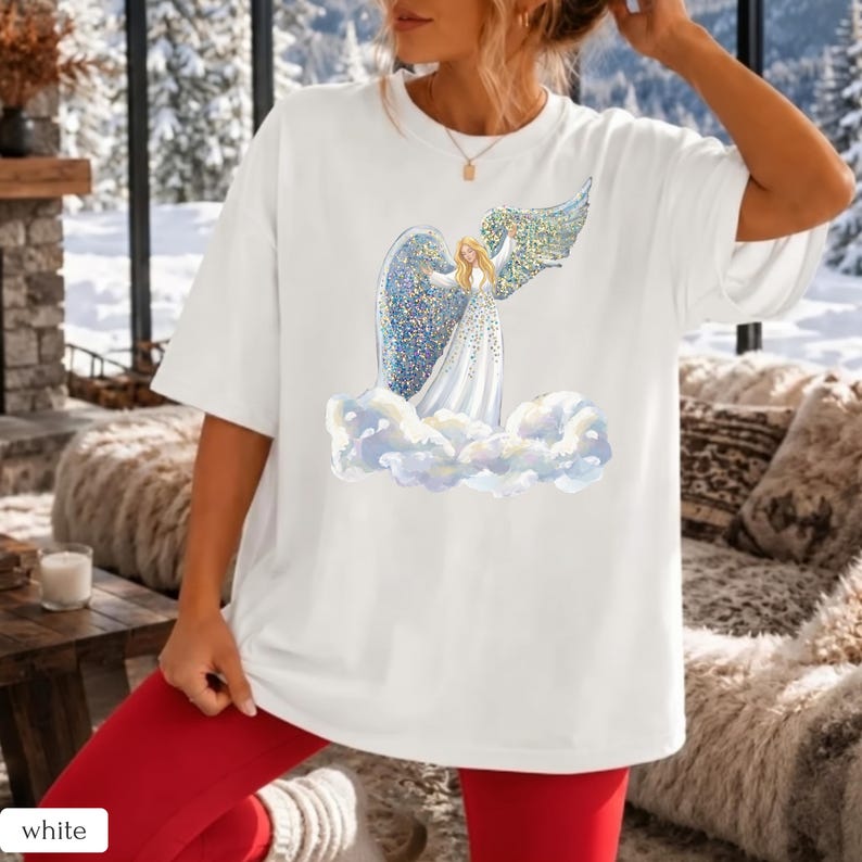 Faux Glitter Angel on Clouds Shirt, Celestial Comfort Colors Tee, Christmas Angel Gift, Spiritual Winter T-Shirt
