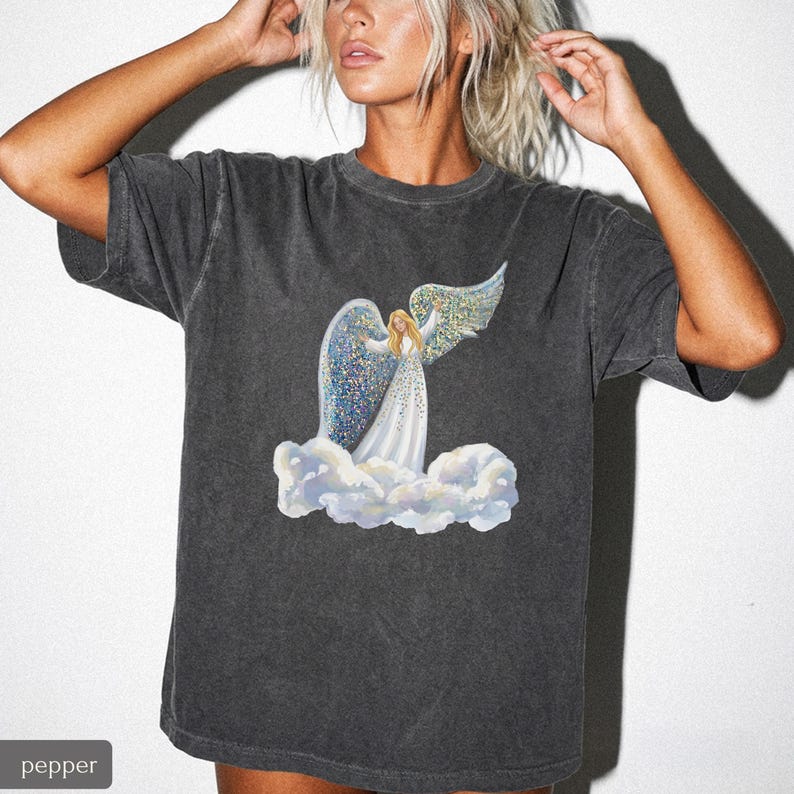 Faux Glitter Angel on Clouds Shirt, Celestial Comfort Colors Tee, Christmas Angel Gift, Spiritual Winter T-Shirt