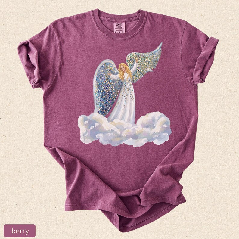 Faux Glitter Angel on Clouds Shirt, Celestial Comfort Colors Tee, Christmas Angel Gift, Spiritual Winter T-Shirt