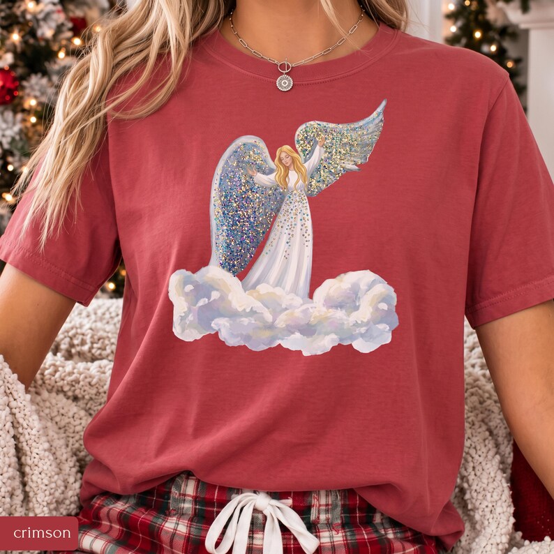 Faux Glitter Angel on Clouds Shirt, Celestial Comfort Colors Tee, Christmas Angel Gift, Spiritual Winter T-Shirt
