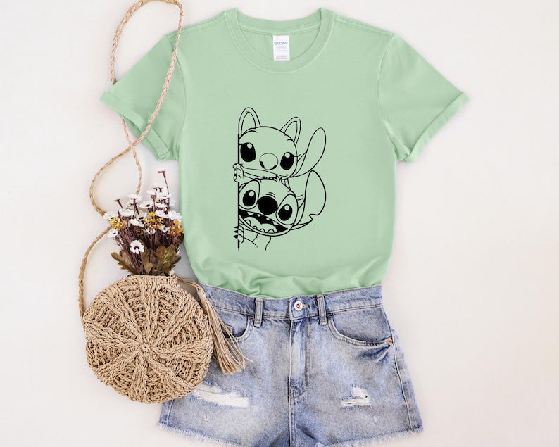 Stitch and Angel Stacked Faces T-Shirt