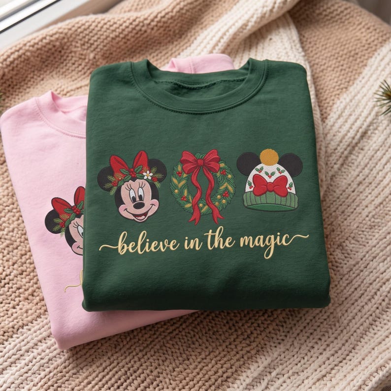 Believe In The Magic Christmas Embroidered Sweatshirt, Minnie Mickey Holiday Sweater, Pluto Christmas Shirt, Disney Gift