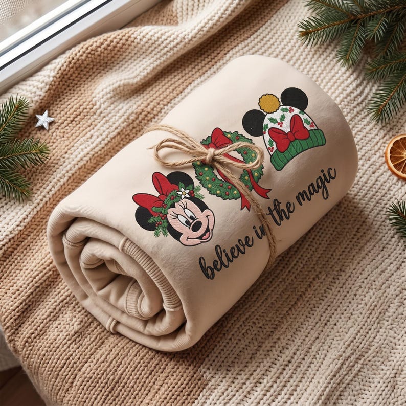 Believe In The Magic Christmas Embroidered Sweatshirt, Minnie Mickey Holiday Sweater, Pluto Christmas Shirt, Disney Gift