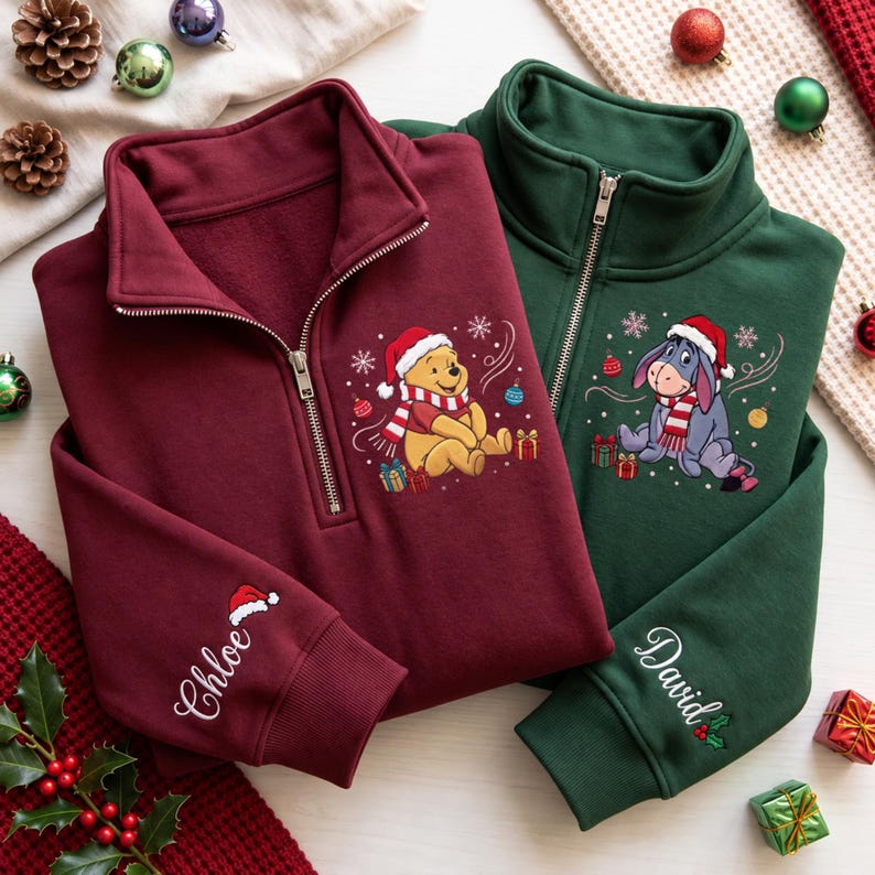Winnie the Pooh Christmas Quarter Zip Sweatshirt, Embroidered Tigger Piglet Eeyore Pullover, Matching Family Holiday Disney Outfit