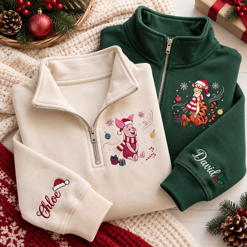 Winnie the Pooh Christmas Quarter Zip Sweatshirt, Embroidered Tigger Piglet Eeyore Pullover, Matching Family Holiday Disney Outfit