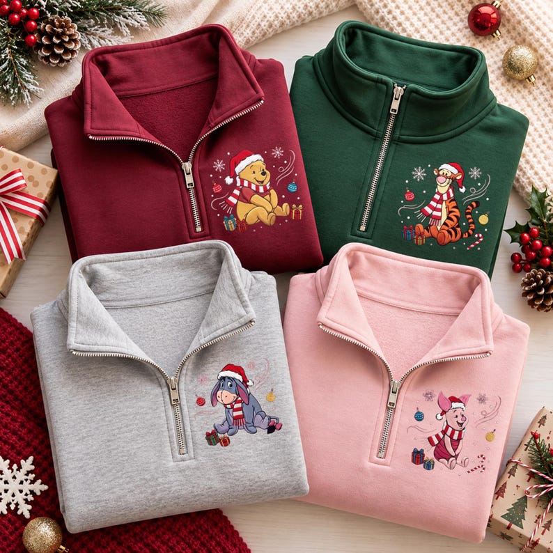 Winnie the Pooh Christmas Quarter Zip Sweatshirt, Embroidered Tigger Piglet Eeyore Pullover, Matching Family Holiday Disney Outfit