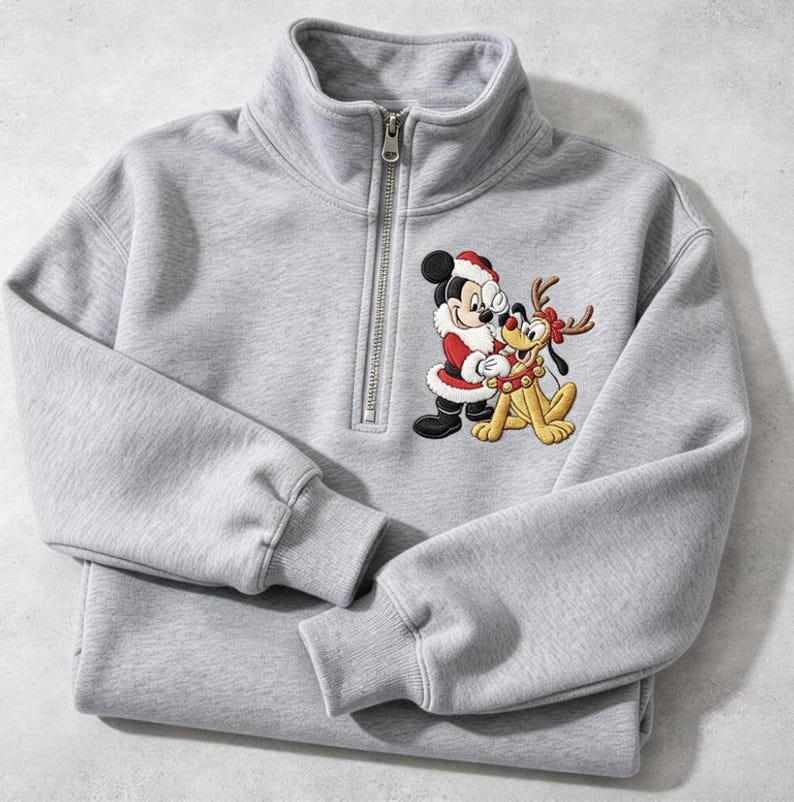 Embroidered Mickey Mouse & Pluto Christmas Quarter Zip Sweatshirt, Mickey's Once Upon a Christmas Holiday Pullover, Disney Xmas Gift For Her