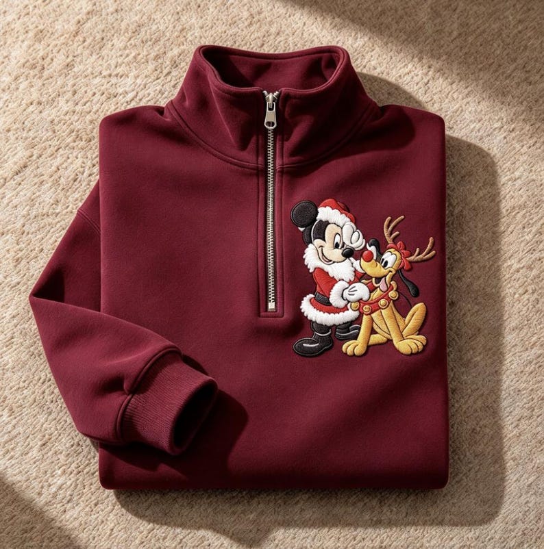 Embroidered Mickey Mouse & Pluto Christmas Quarter Zip Sweatshirt, Mickey's Once Upon a Christmas Holiday Pullover, Disney Xmas Gift For Her