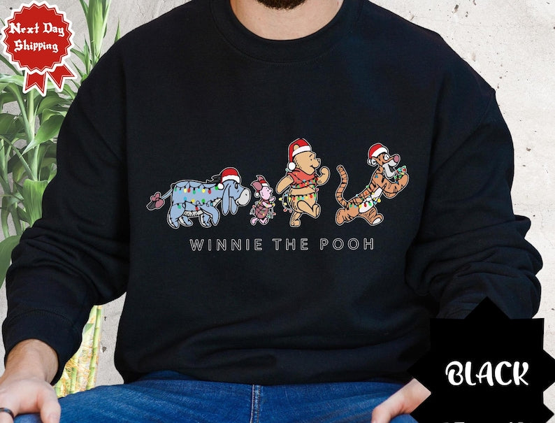 Santa Winnie the Pooh Friends Christmas Light Shirts Shirt, Disney Eeyore Piglet Tigger Xmas Graphic Tee, Family Trip Gift DD839