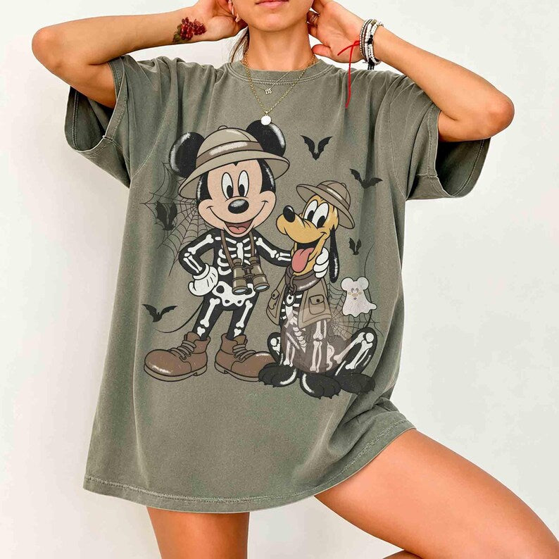 Vintage Mickey Pluto Skeleton Safari Leopard Halloween Shirt, Disney Animal Kingdom Besties Graphic Tee DD949