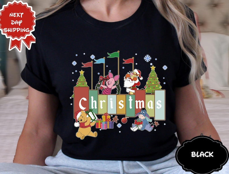 Winnie the Pooh Christmas Shirt, Disney Friends Holiday Graphic Tee, Tigger Piglet Eeyore Xmas Family Matching Outfit Gift DD983