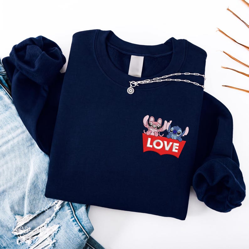 Stitch Angel Pocket Sweatshirt, Embroidered Funny Love Logo Hoodie, Disney Gift