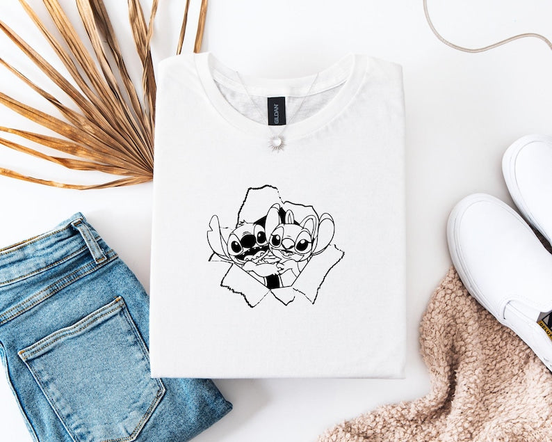 Angel and Stitch Torn Paper T-Shirt, Peeking Character Pair