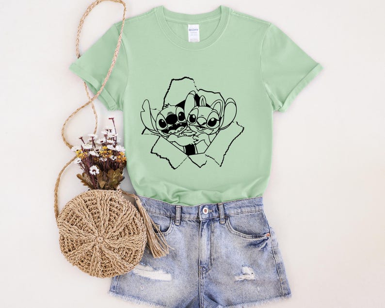 Angel and Stitch Torn Paper T-Shirt, Peeking Character Pair