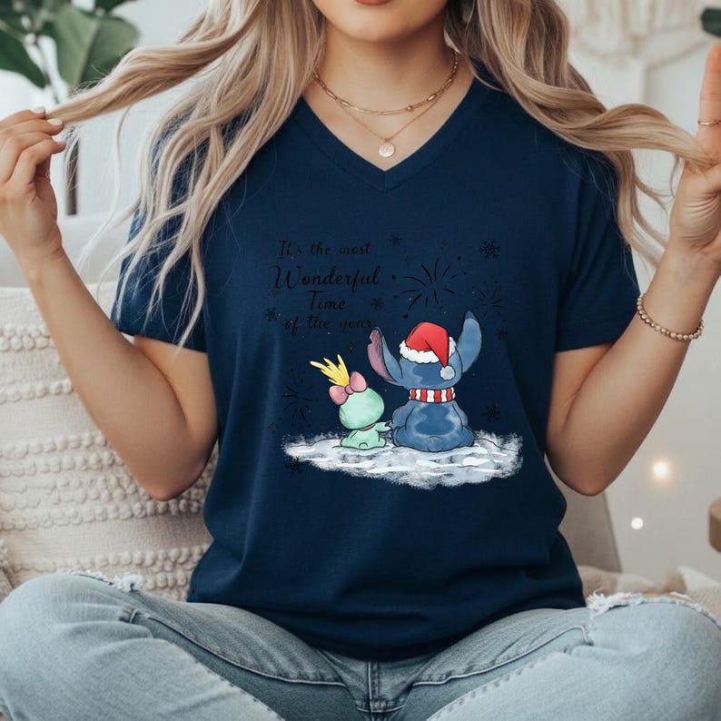 Disney Stitch and Angel Christmas V Neck Shirt, Bella Canvas Holiday Tee, Most Wonderful Time of the Year, Cute Disney Couple Gift for Her