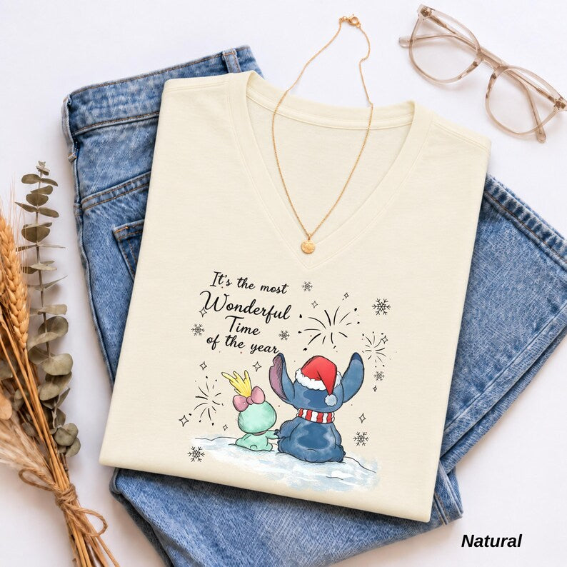 Disney Stitch and Angel Christmas V Neck Shirt, Bella Canvas Holiday Tee, Most Wonderful Time of the Year, Cute Disney Couple Gift for Her