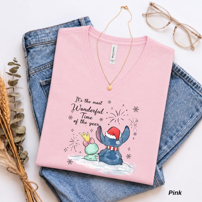 Disney Stitch and Angel Christmas V Neck Shirt, Bella Canvas Holiday Tee, Most Wonderful Time of the Year, Cute Disney Couple Gift for Her