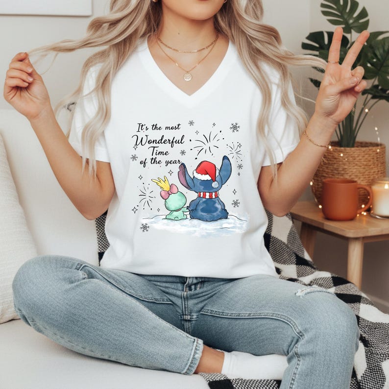 Disney Stitch and Angel Christmas V Neck Shirt, Bella Canvas Holiday Tee, Most Wonderful Time of the Year, Cute Disney Couple Gift for Her